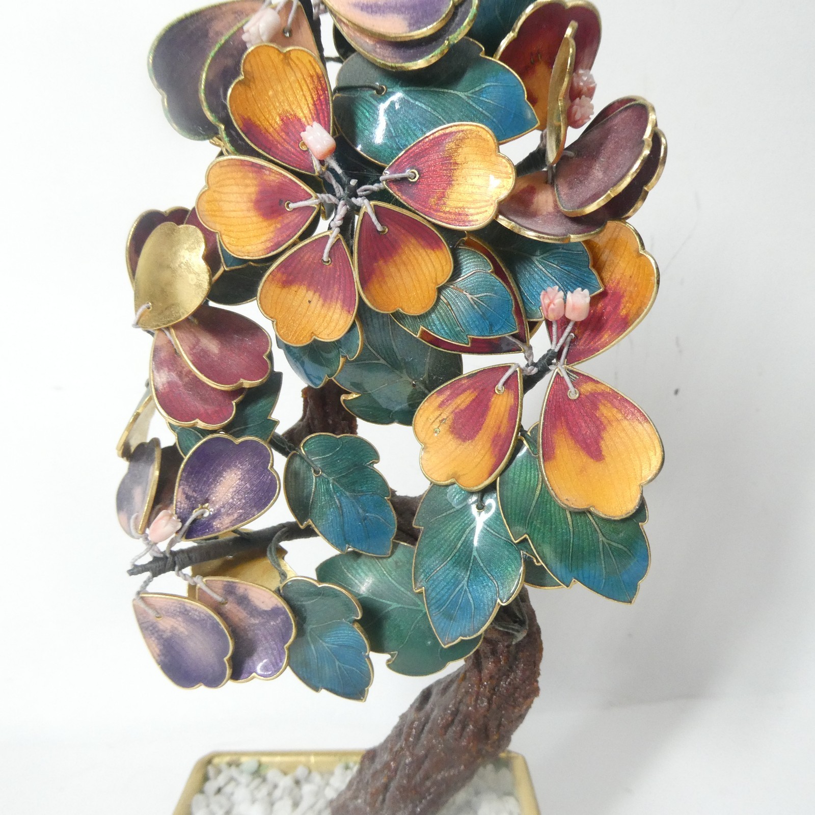 Cloisonne Enamel Brass Bonsai Tree w/ Pot Colorful Flowers 8″ Vintage