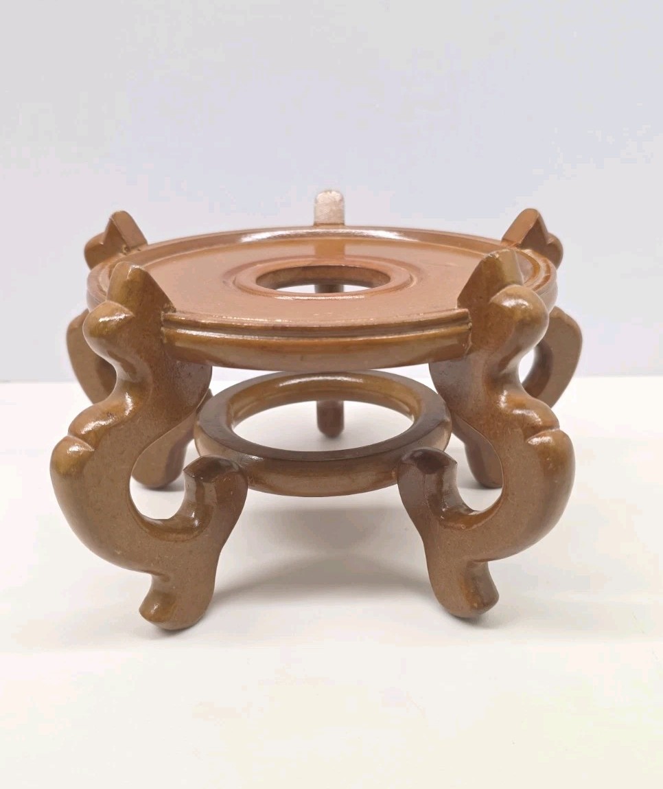 Carved Wood Plant Stand Display Honey Brown Vase Fish Bowl Oriental 9.5″