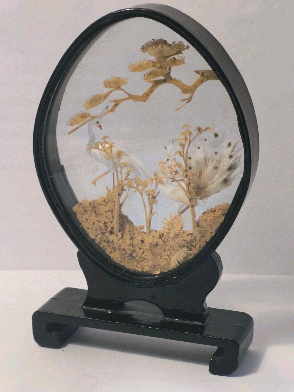 Vintage Asian Cork Carving Diorama Shadow Box Black Lacquer Peacocks Birds 5.5″