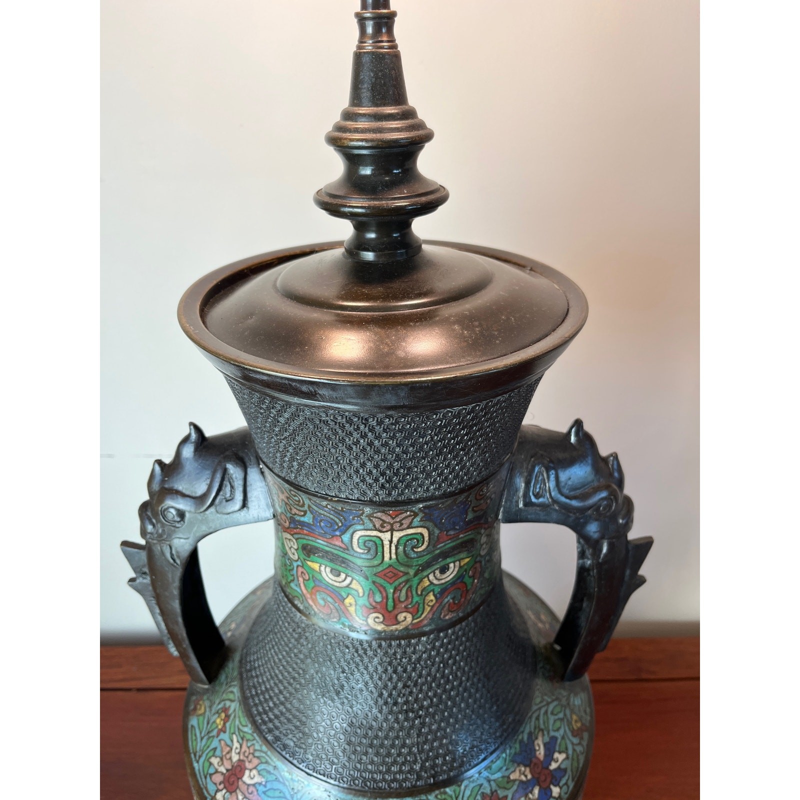 Large 42″ Chinese Cloisonné & Bronze Taotie Hu Vase Table Lamp