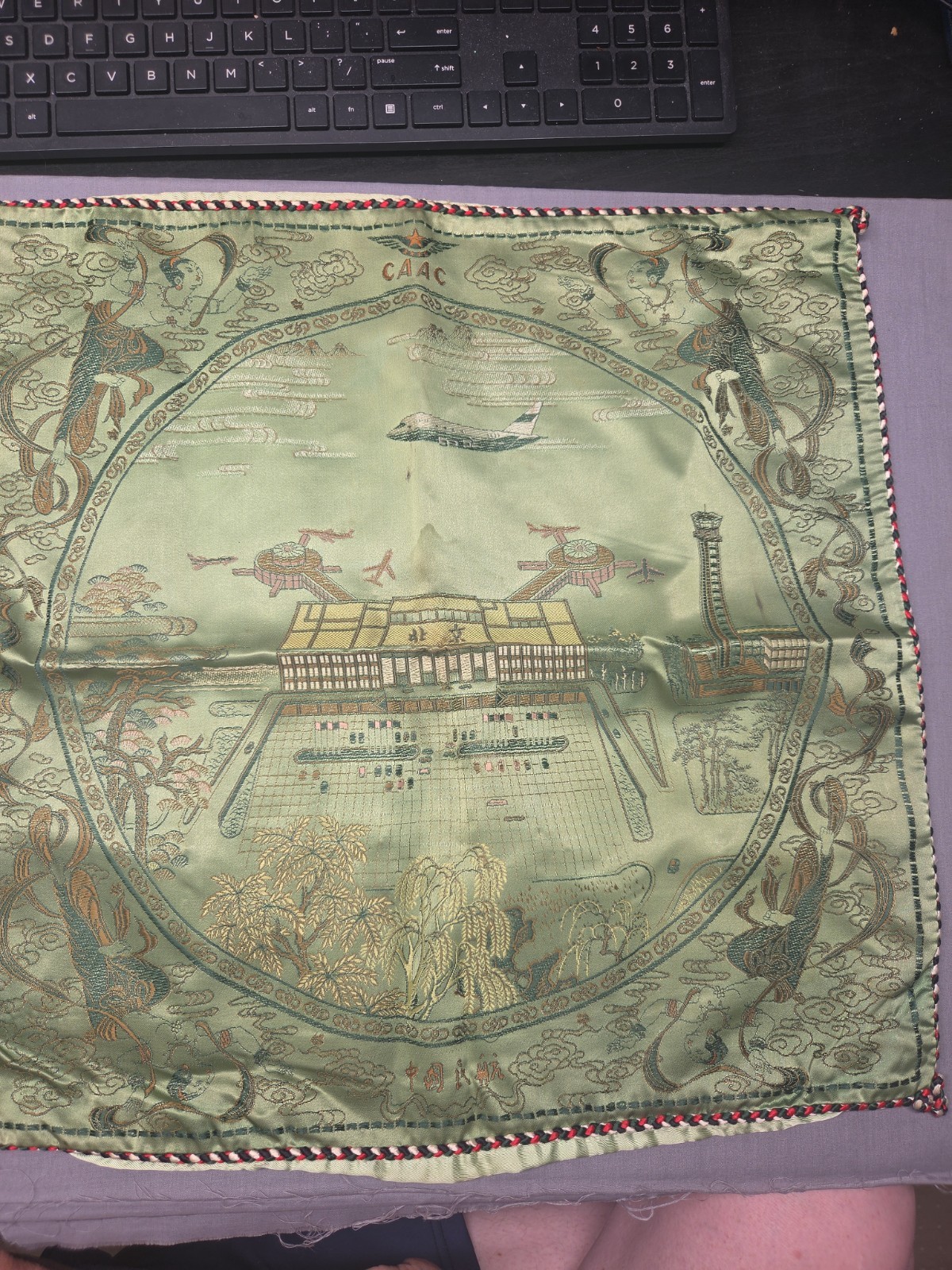 2 Vintage Chinese Silk Brocade Pillow Covers CAAC Tapestry Jin Sheng 17″