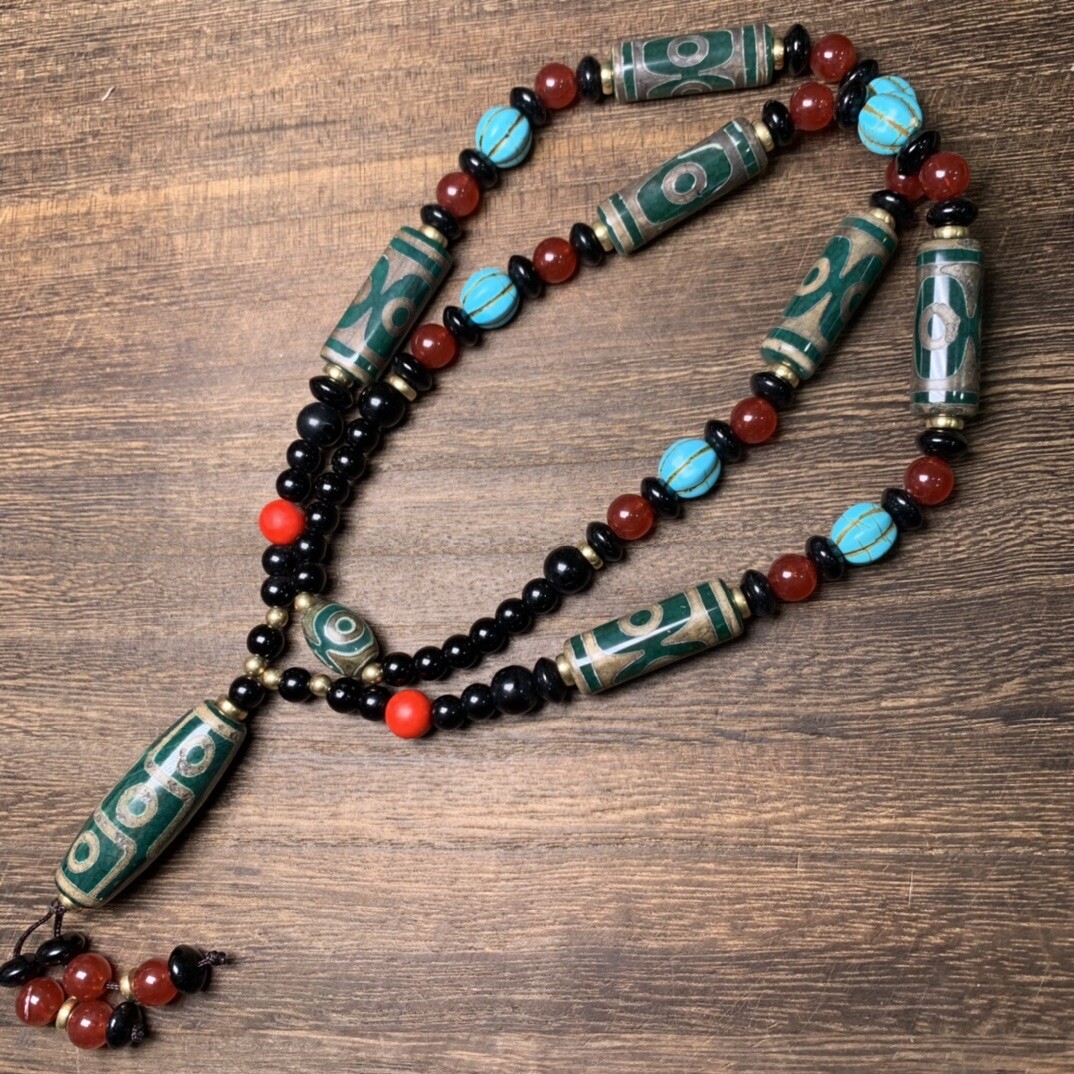Good Tibetan Style Old Agate Three/Nice Eyes Dzi Bead Amulet Pendant