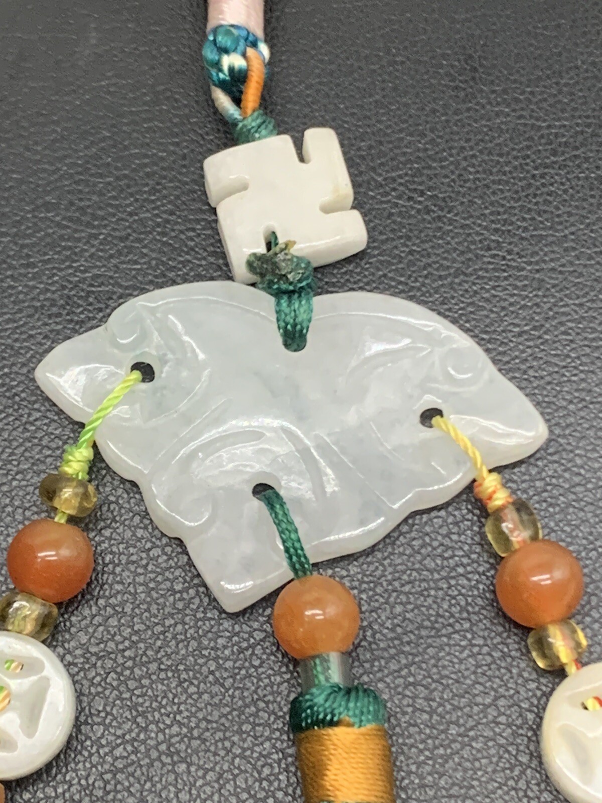 Vintage Chinese Natural Jade And Carnelian Beaded Lucky Charm Tassel Pendant M2