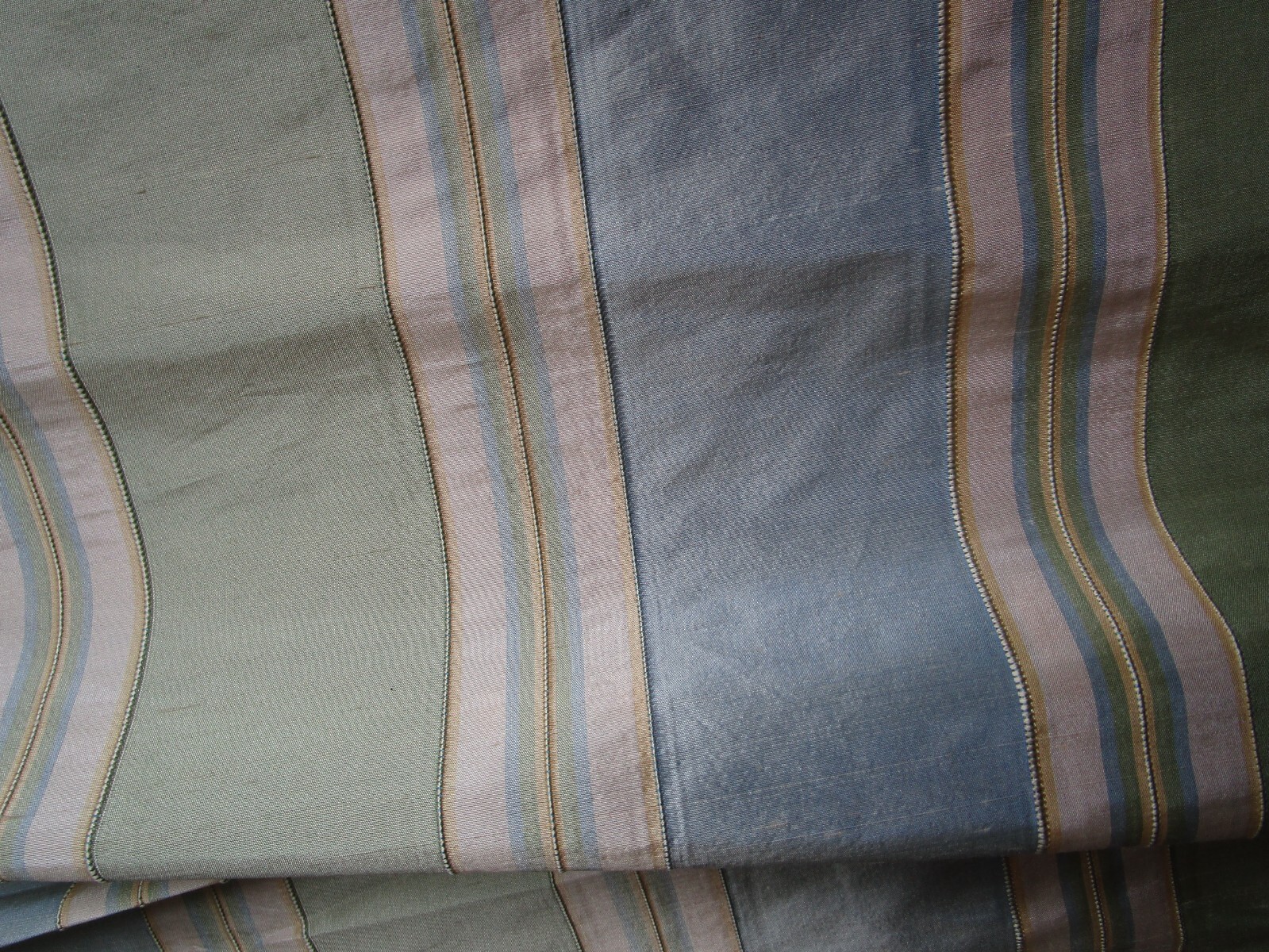 Pale Green Sky Blue Silk Fabric Yellow Beige Stripe raised detail 12.86Yds