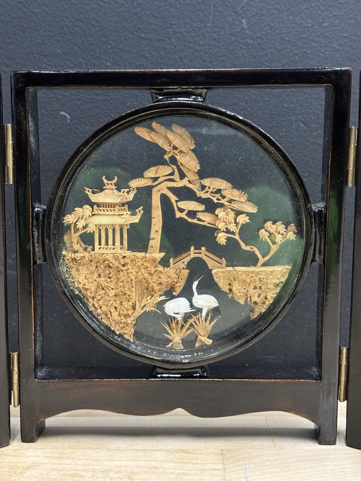 Vintage Chinese Cork Art Hand Carved Tri-Fold Diorama Box Pagoda Trees Cranes