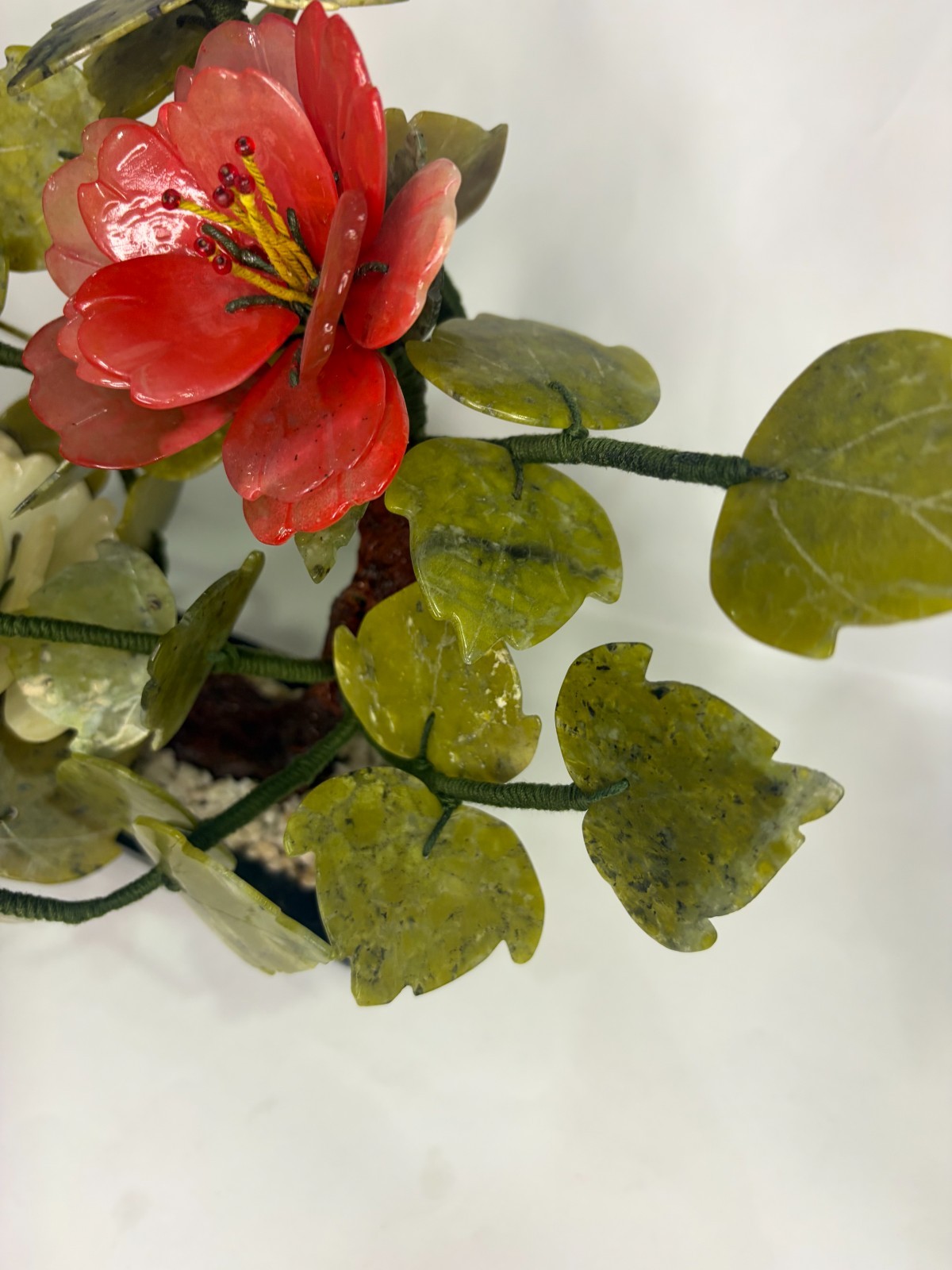 Vintage Jade Tree Bonsai Tree Carved Agate Flowers in vase, 9″