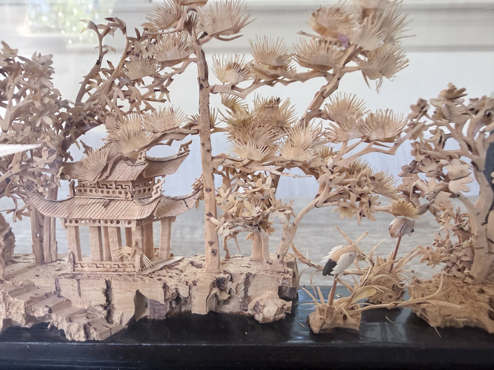 Vintage Chinese Cork Carving Shadow Box Hand Carved Pavilion Landscape 1980s