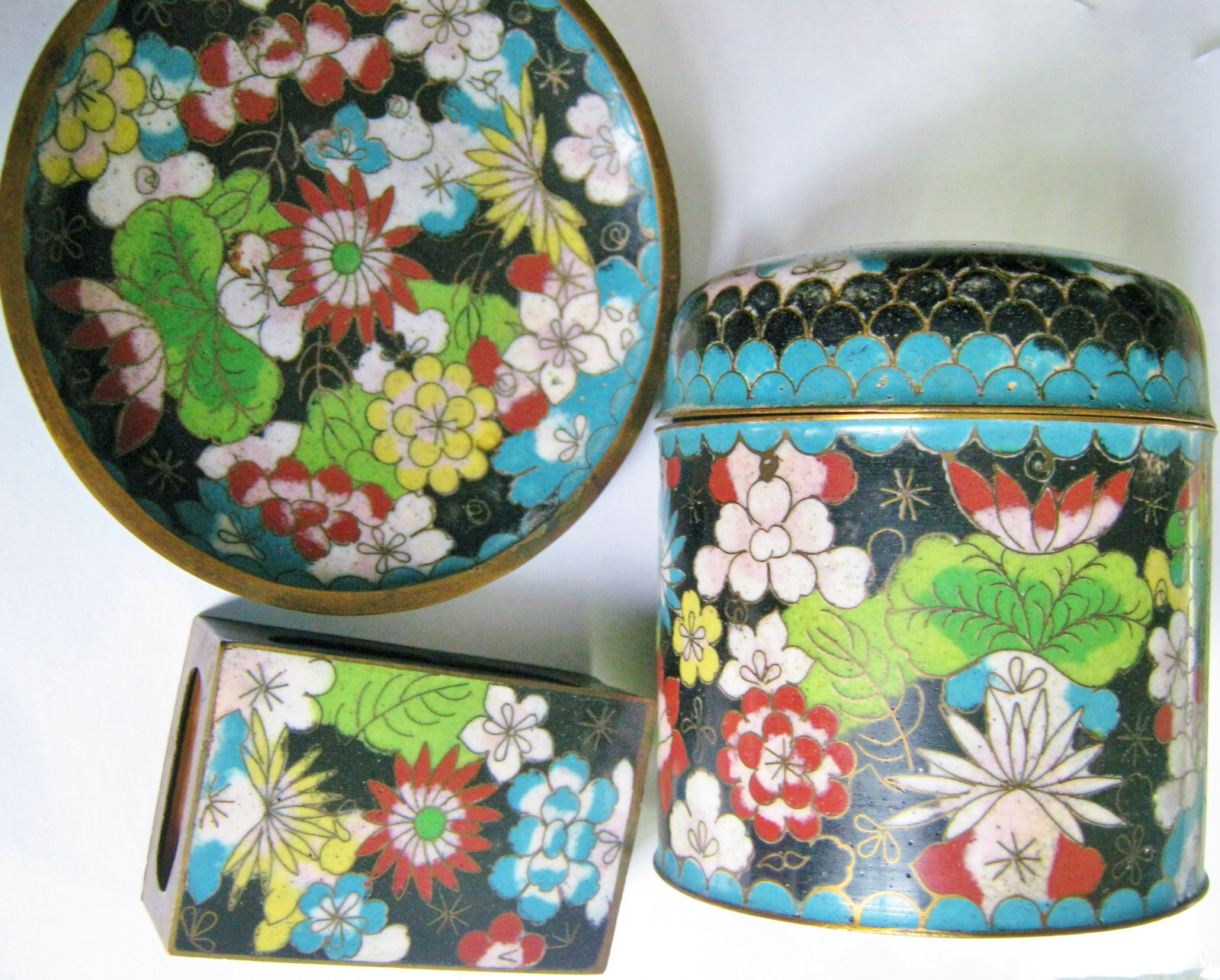 VINTAGE CHINA CLOISONNE TOBACCO SET FLORAL MATCHBOX ASHTRAY CIGARETTE JAR