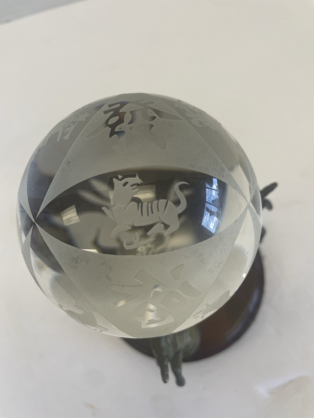 Chinese Zodiac New Year Etched Crystal Ball W Vintage Brass Unicorn Stand