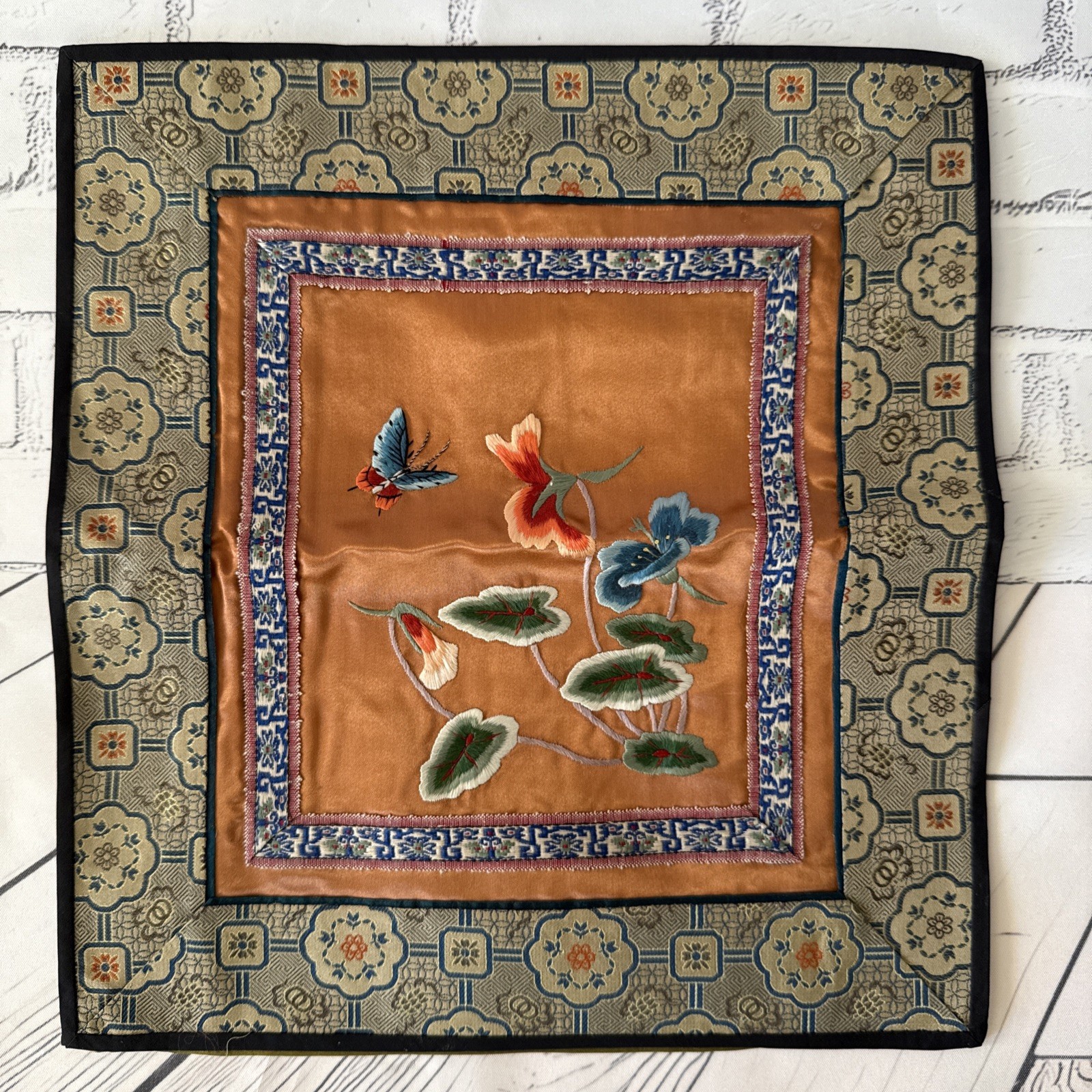VTG Chinese Embroidered Silk Tapestry Panels Set 3 Birds & Flowers 17”x9.5”& 11″