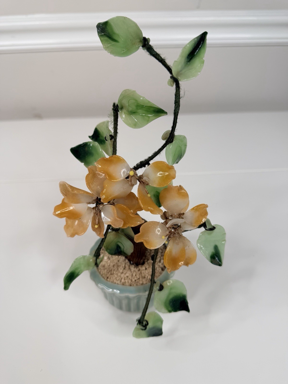 Vintage Asian Jade Glass peach green Cherry Blossom Bonsai Tree 9” Inch