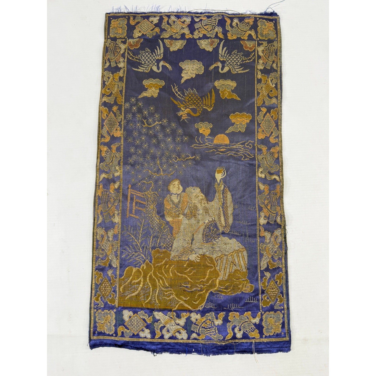 Antique Chinese Silk Brocade Cranes & Scholars Tapestry 18x10in