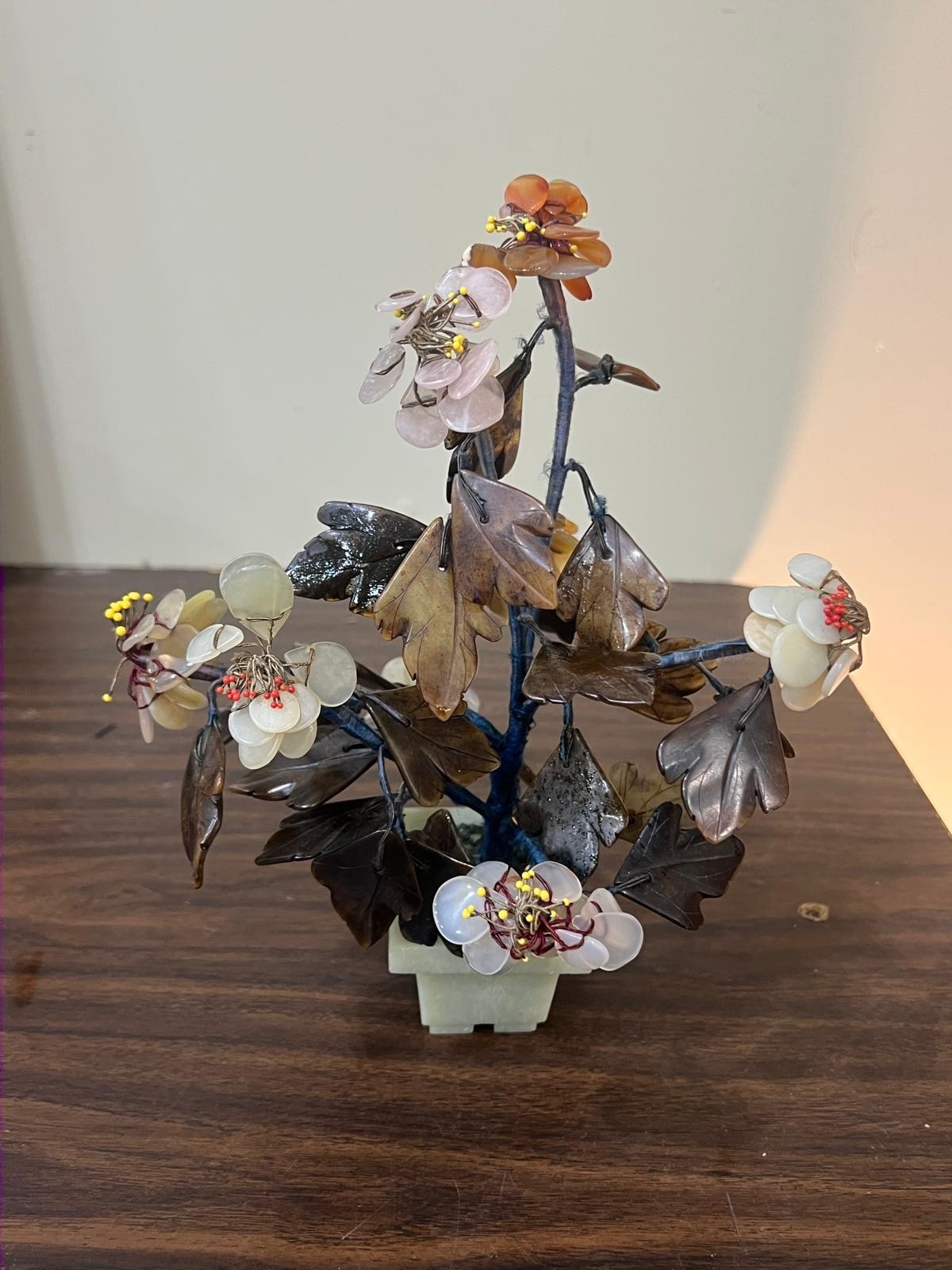 Vintage Chinese Jade and Quartz Hand Carved Flower Tree with Soapstones 10 1/2″