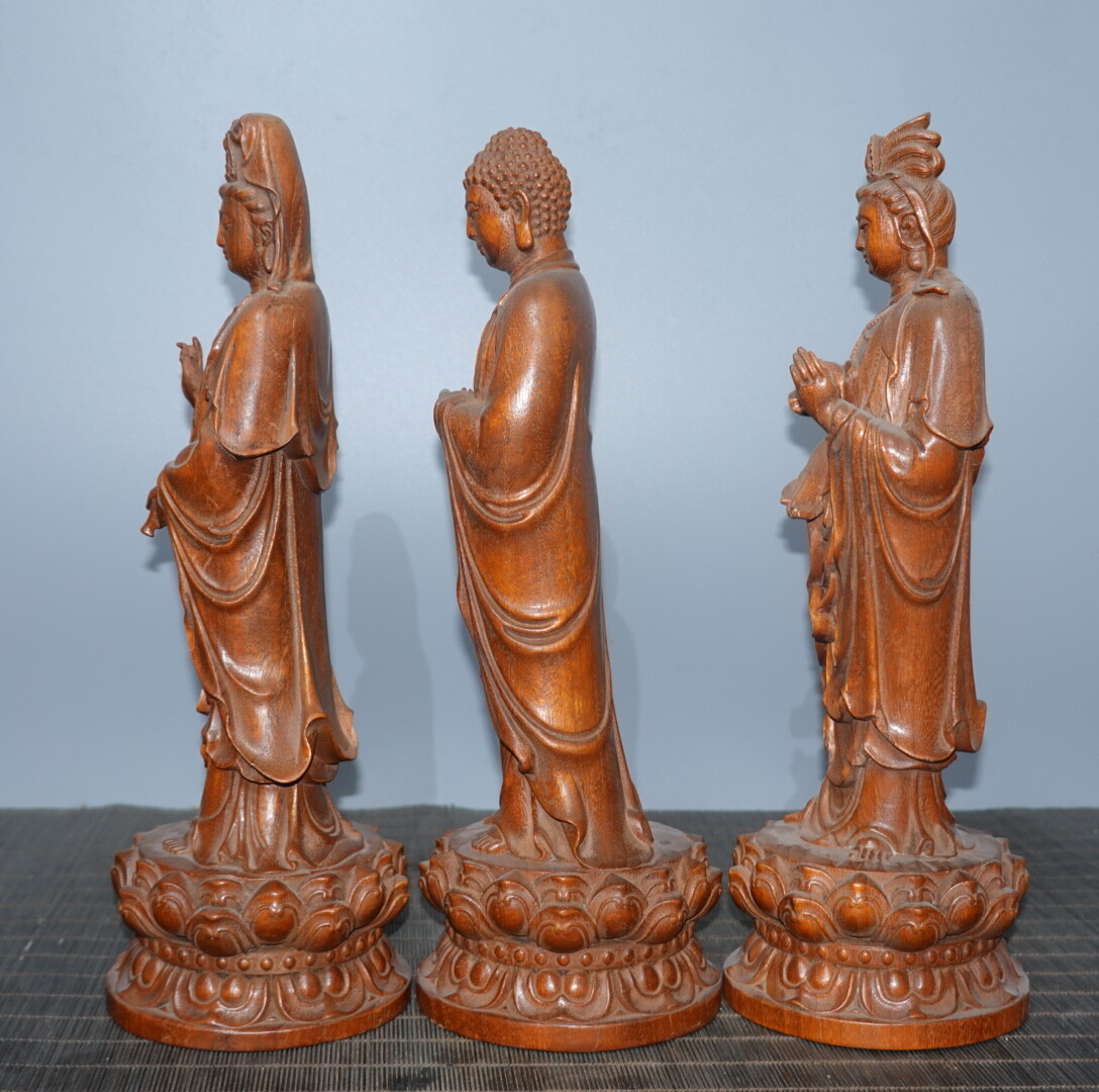 11.4″ China Box-wood West Three Saints Avalokitesvara Sakyamunim Amitabha Statue