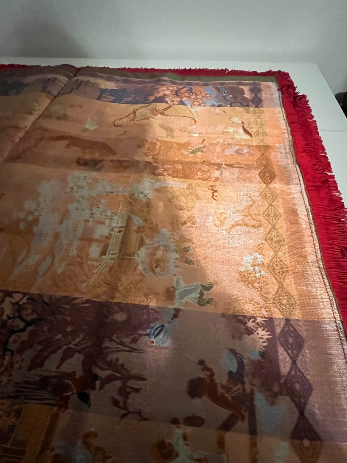 Vintage Chinese “Brocaded Flowers” Silk Blend Tapestry Tablecloth Piano Shawl