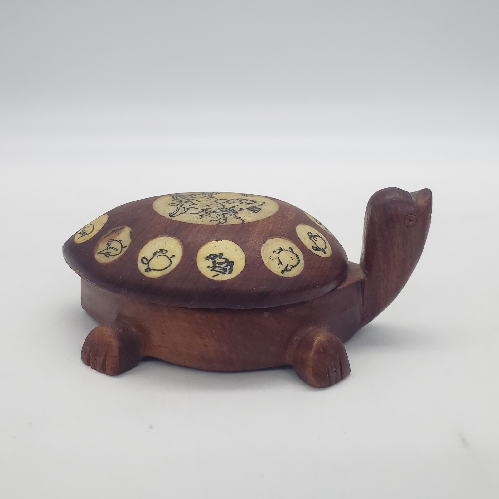 Vintage Carved Wood Turtle with Inlaid Chinese Zodiac Signs Opens to Compass