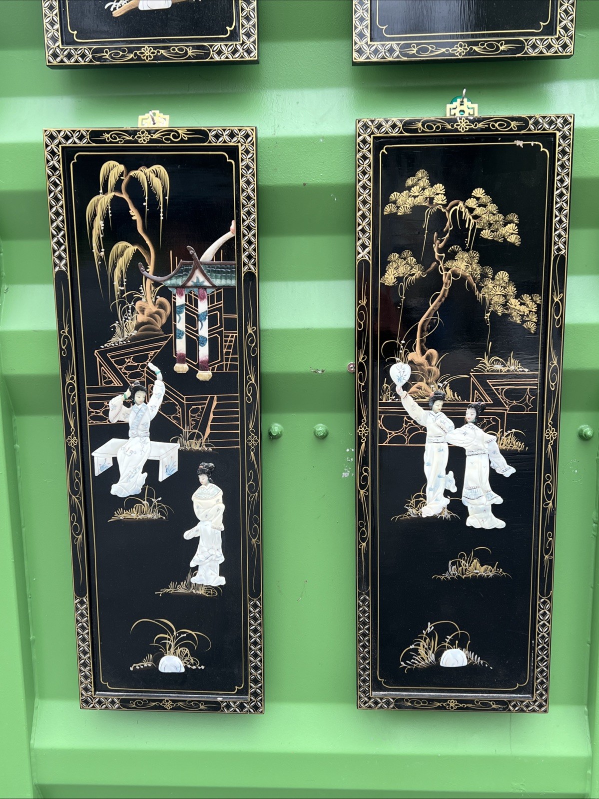 Chinese hanging screen inlaid with mother-of-pearl figures and stories 36”HX12”W