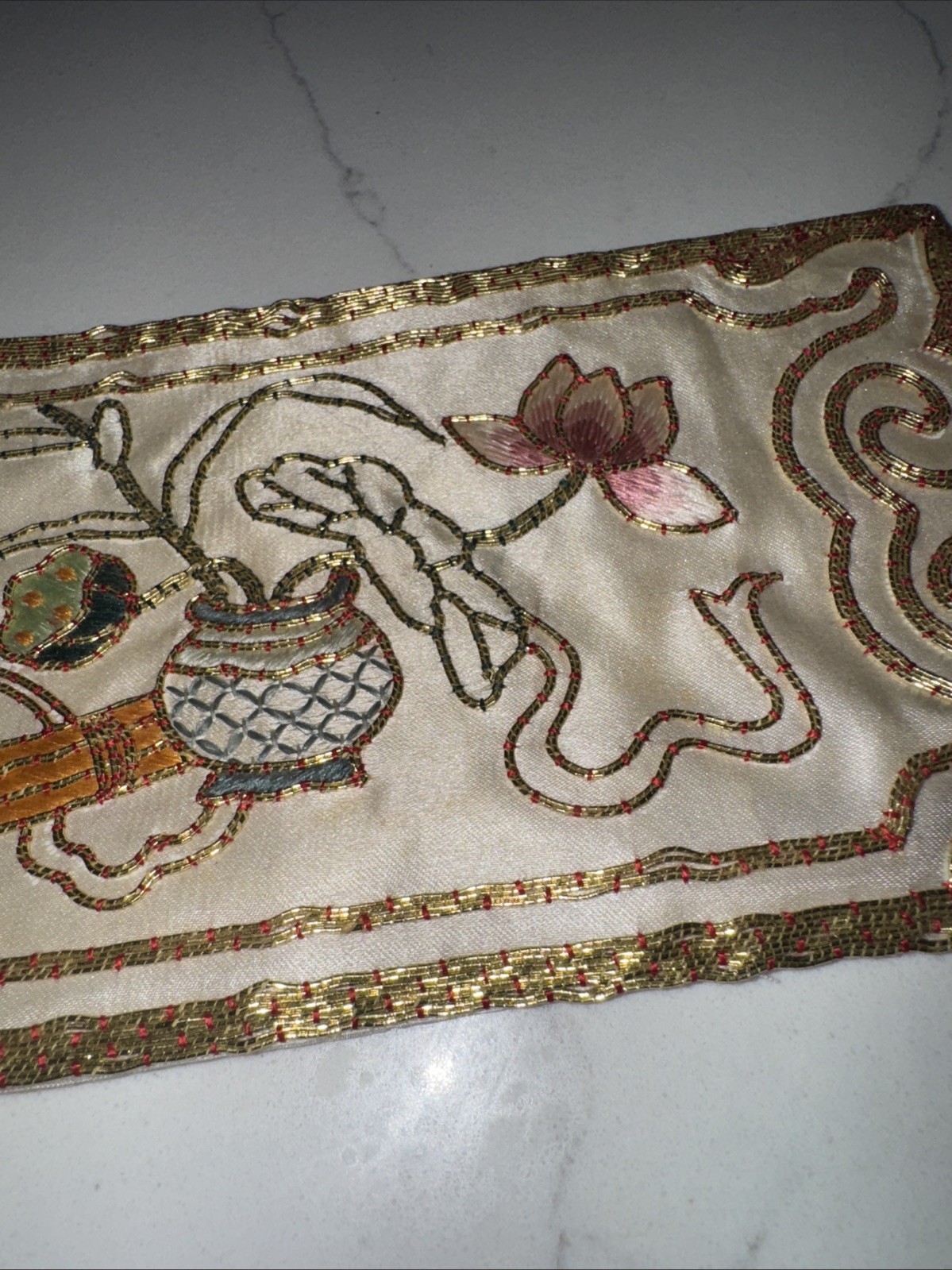 VTG Chinese Golden Cloud Silk Hand Embroidered Beaded Art Piece 6×4 EUC