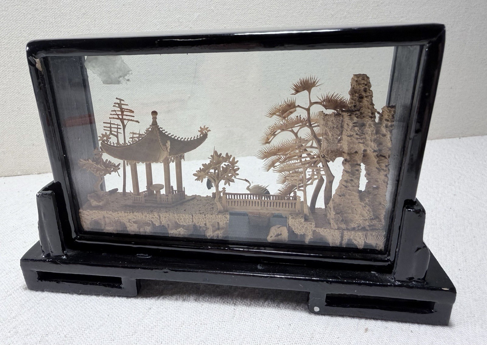 Vintage Chinese Cork Sculpture Diorama Pavilion Scene Black Lacquer Frame w/ Box
