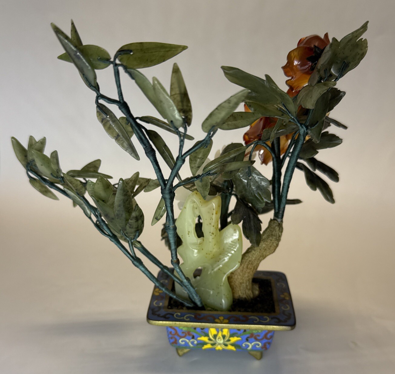Vintage Chinese Qing Dynasty Turquoise Bonsai Tree in Cloisonné Planter Pot