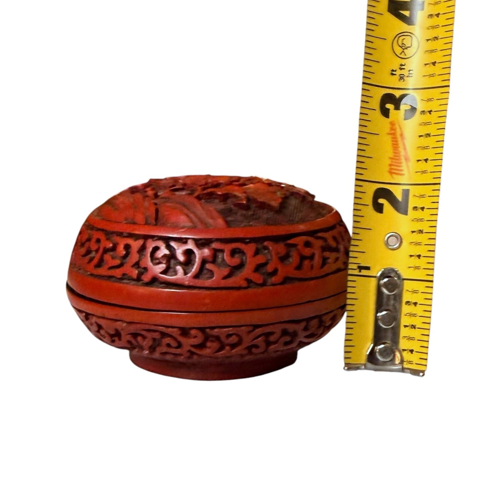 Antique Chinese Cinnabar Hand Carved Floral Peonies Ink Trinket Box 3.25” x 2”