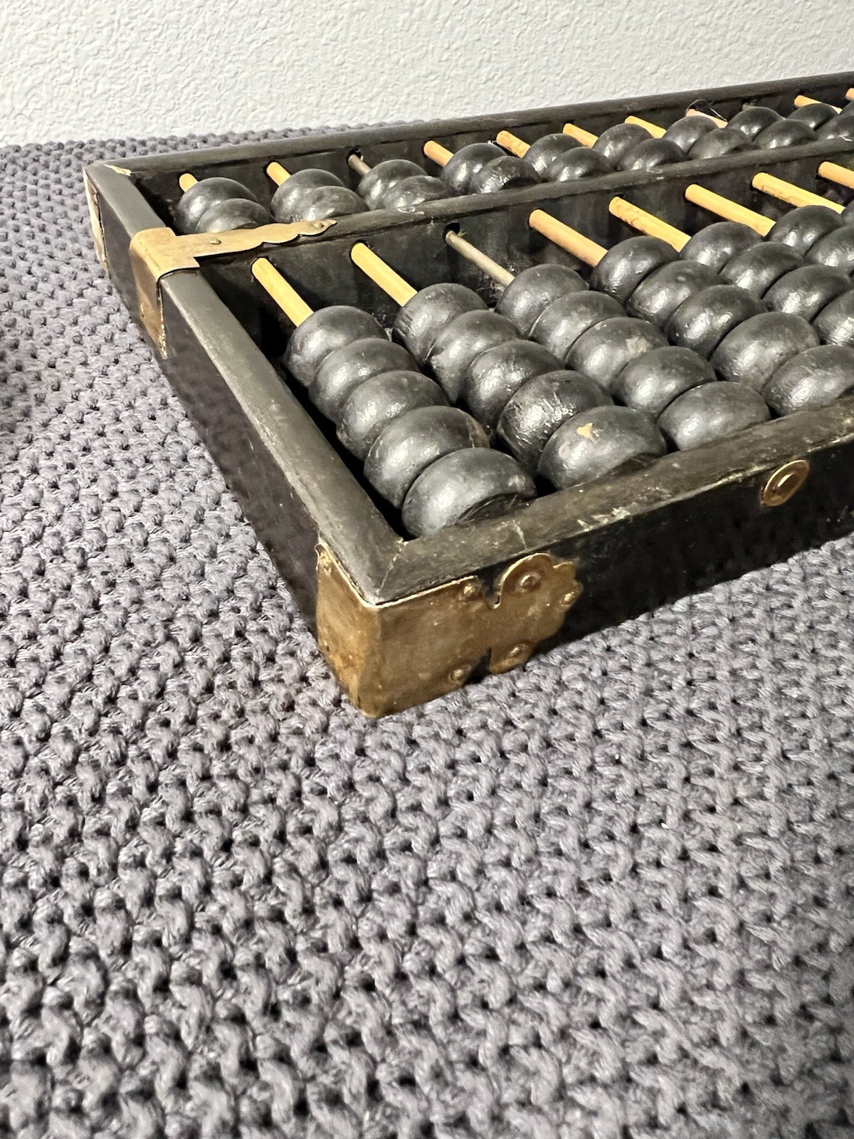 Lotus Flower Brand Abacus Black Painted Wood Brass Accents Has Wear Vintage