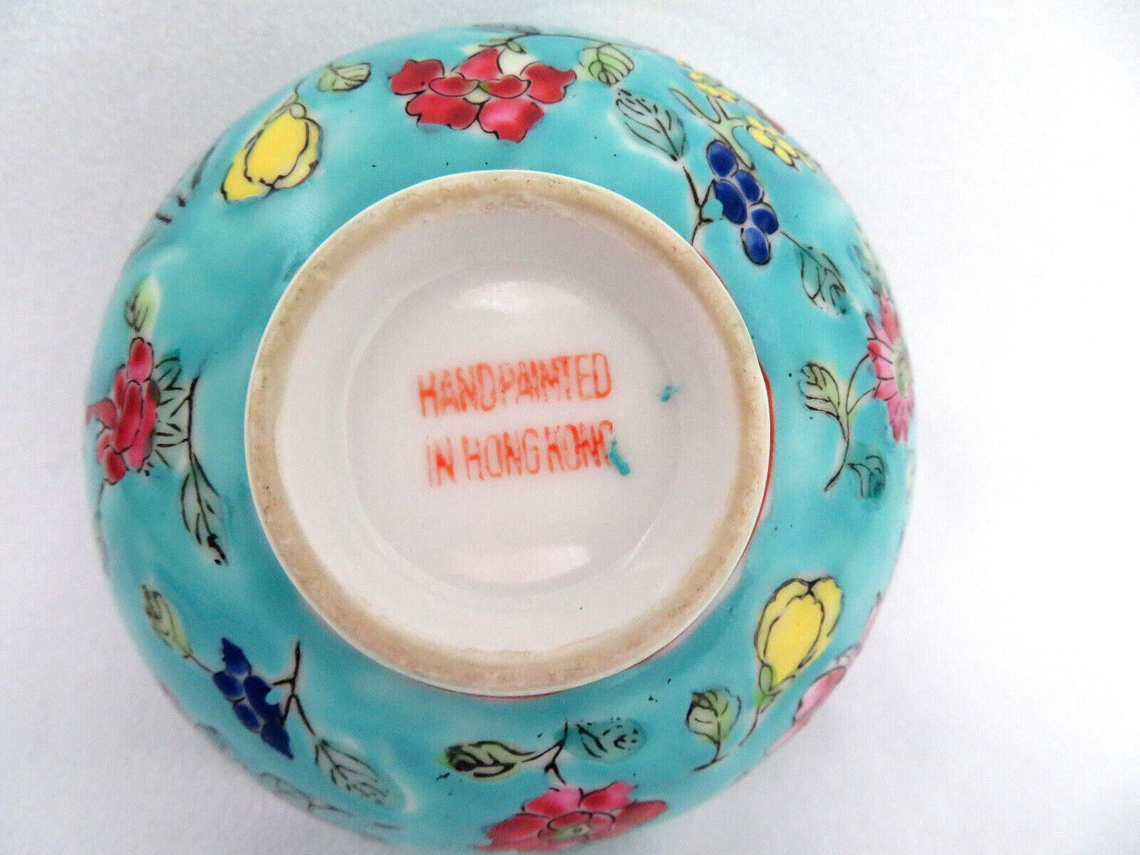 Vintage Chinese Fine Porcelain Turquoise Blue Famille Rose Rice Soup Bowl