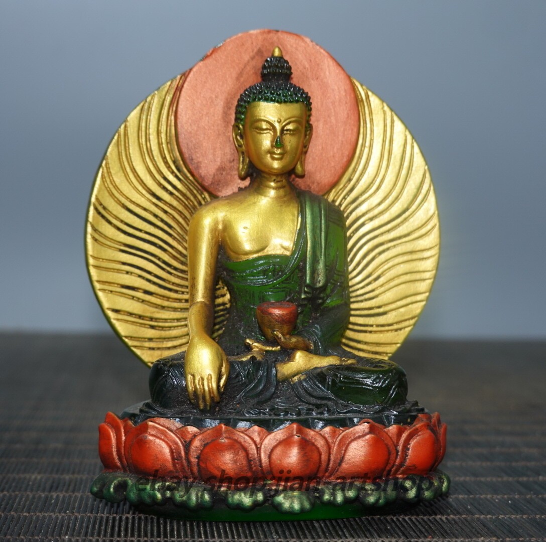 5″ Collect China Coloured Glaze Paintings Gilding Medicine Backlit Buddha Statue