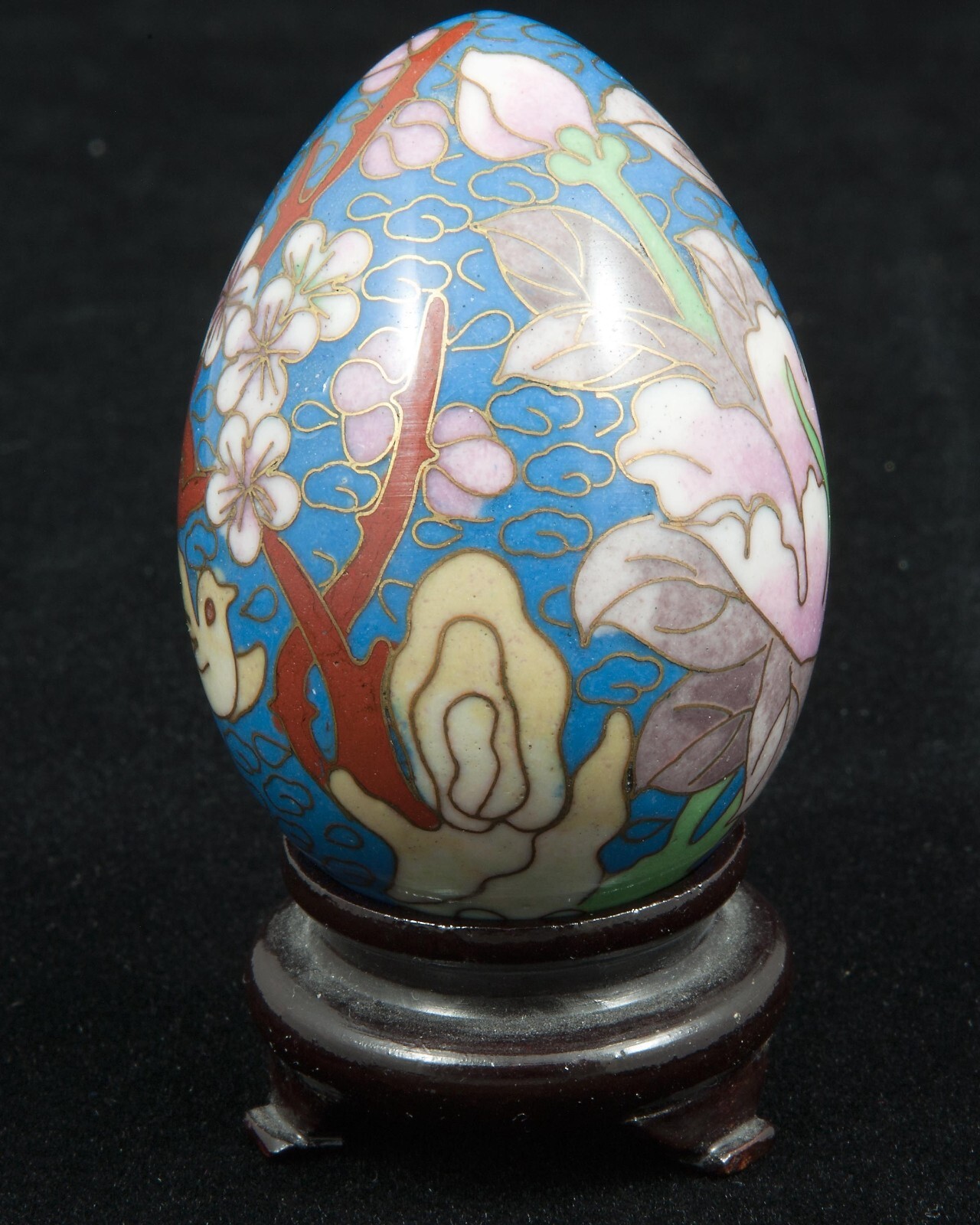 VTG Chinese Floral on Blue Cloisonne Enamel Metal Egg 2-1/2″ Tall w/Stand