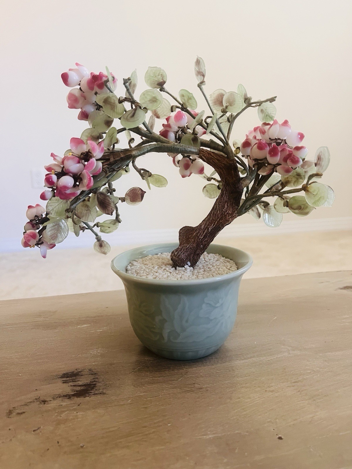 Vintage Chinese Glass Bonsai Cherry Blossom Tree W/ Celadon Pot