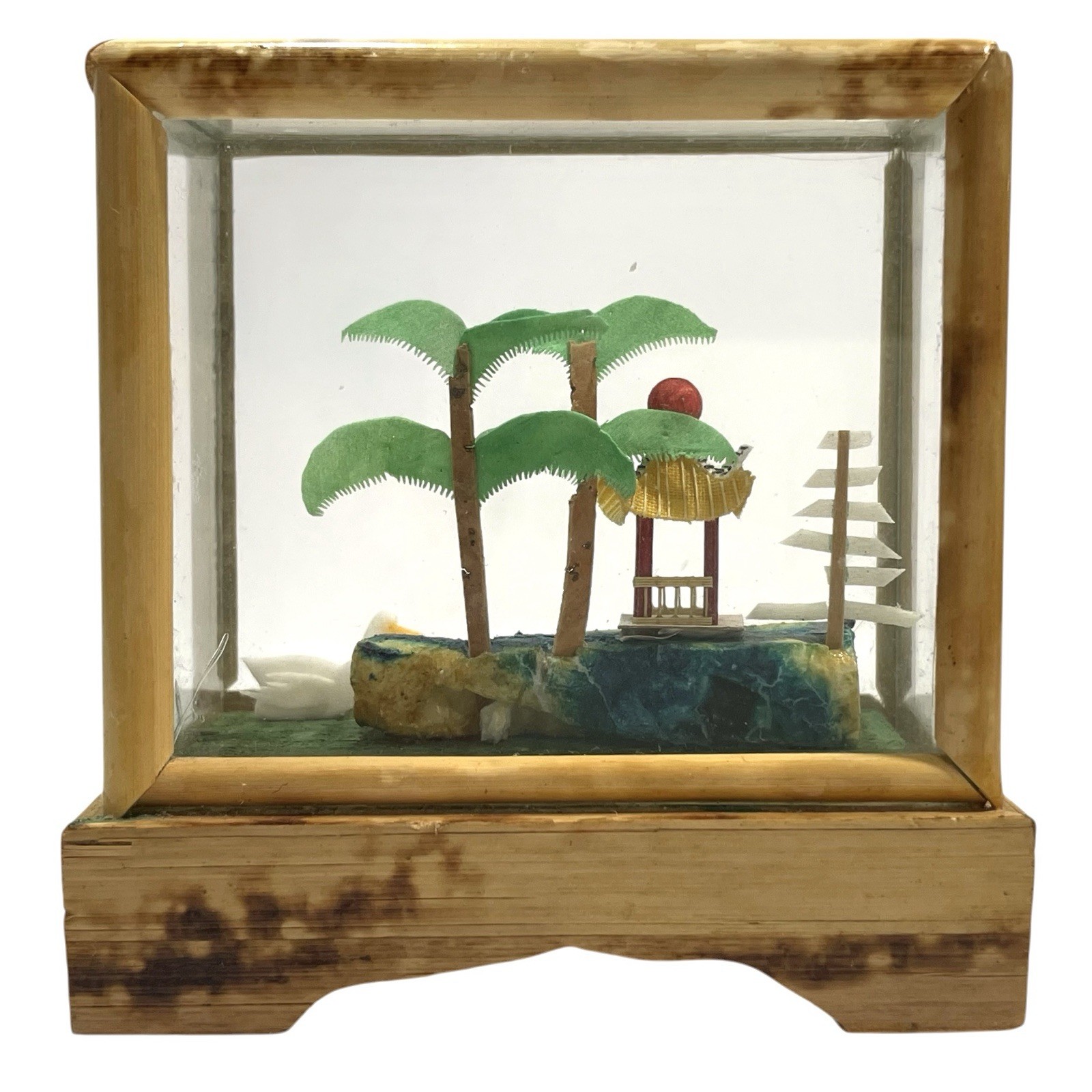 Vintage 1950s Miniature Pagoda Diorama in Bamboo Glass Case – Asian Artwork