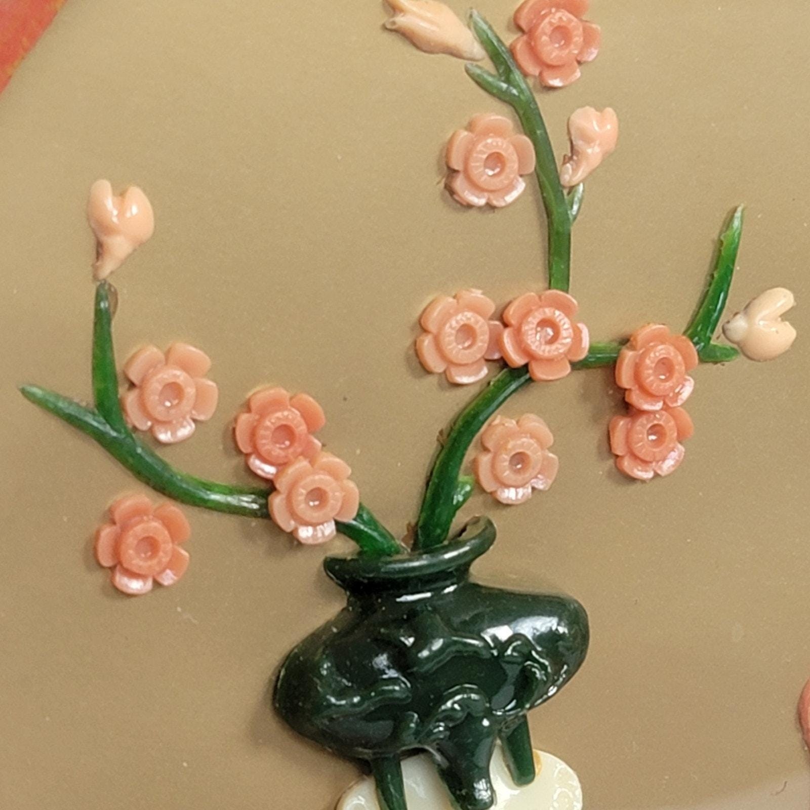 VTG Faux Jade Asian Wall Plaque 7″ Round Coral Flowers Candle Home Decor Taiwan