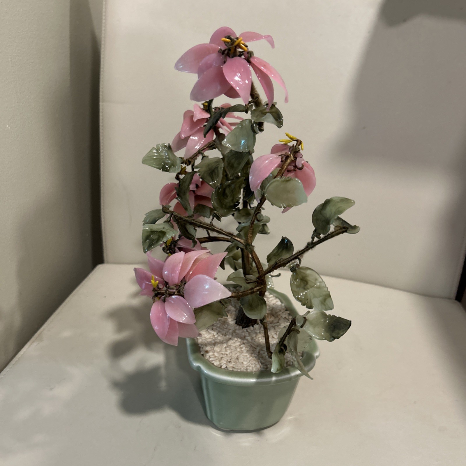 Vintage Large Asian Jade Glass Flowering Pink Cherry Blossom Bonsai Tree Decor