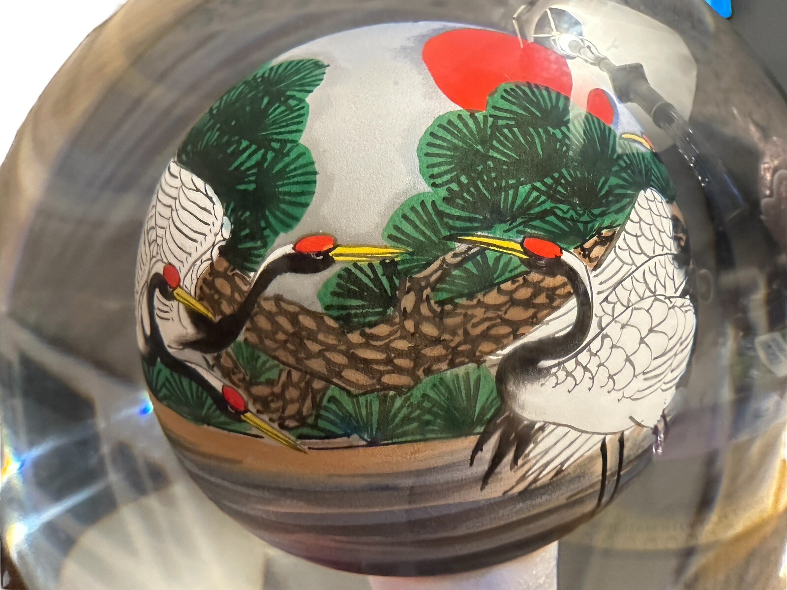 Interior Painted Glass Sphere Depicting Beautiful Scenes With Cranes Vintage