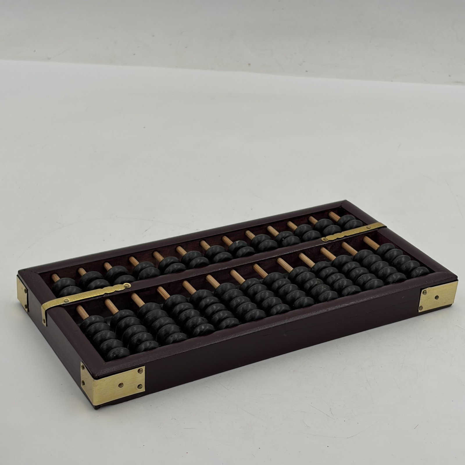 Vintage Chinese Abacus 13 Row 91 Bead Wood & Brass Lotus Flower Brand Calculator