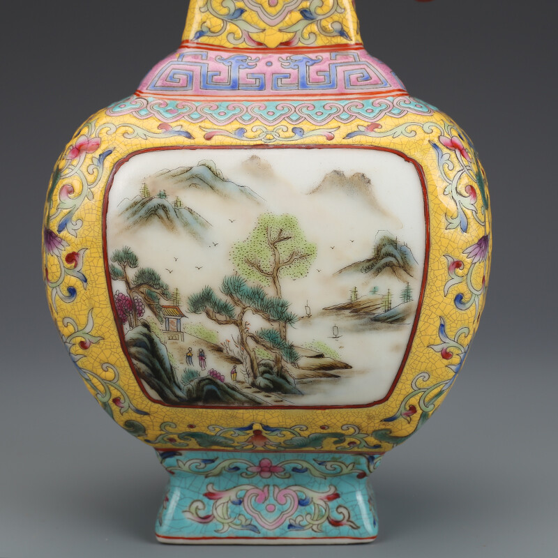 8.8″ China Colour Enamels Porcelain Yellow Glaze Hill Water Scenery Two Ear Vase