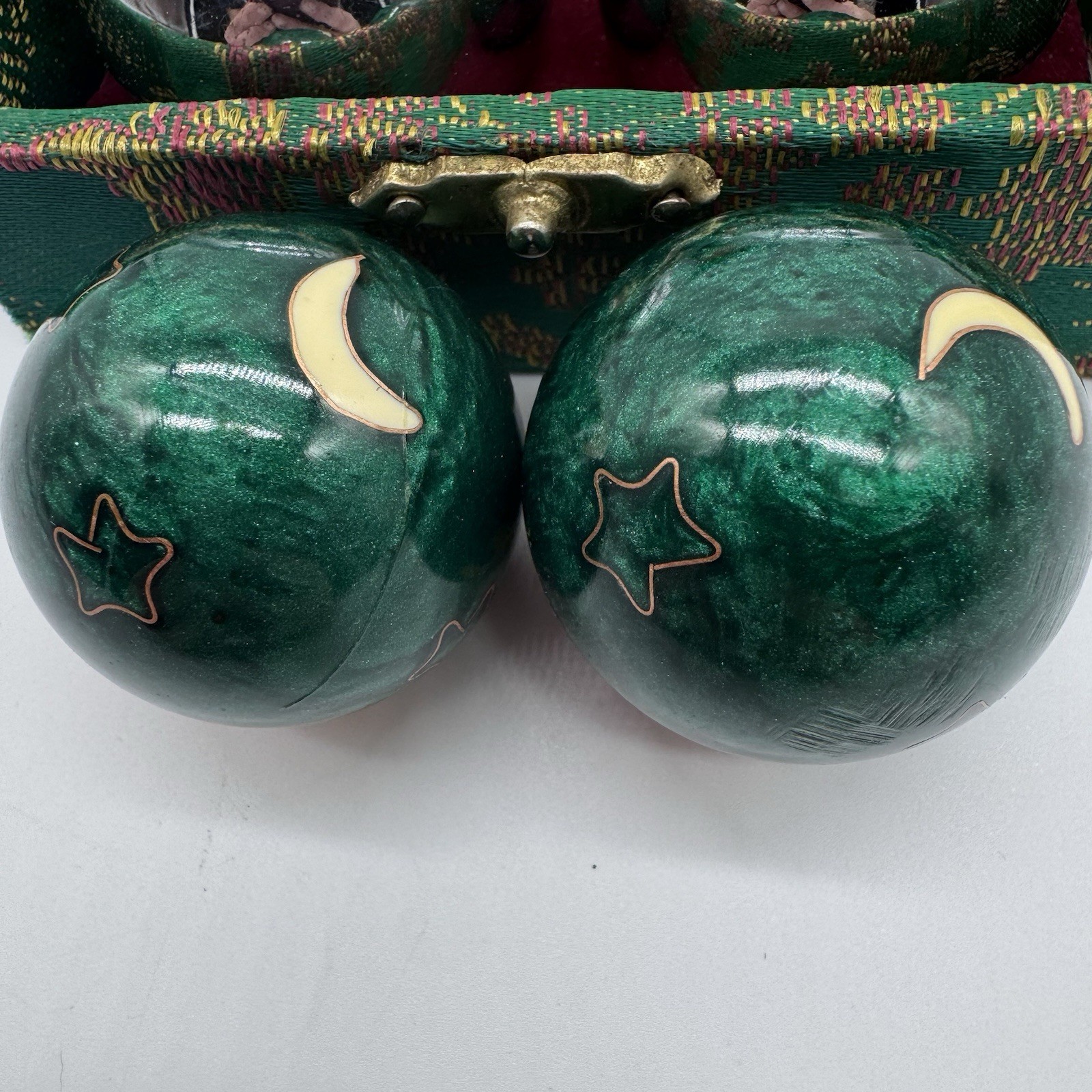 Vintage Chinese Baoding Balls Set Cloisonne Sun Moon Chrome w Case