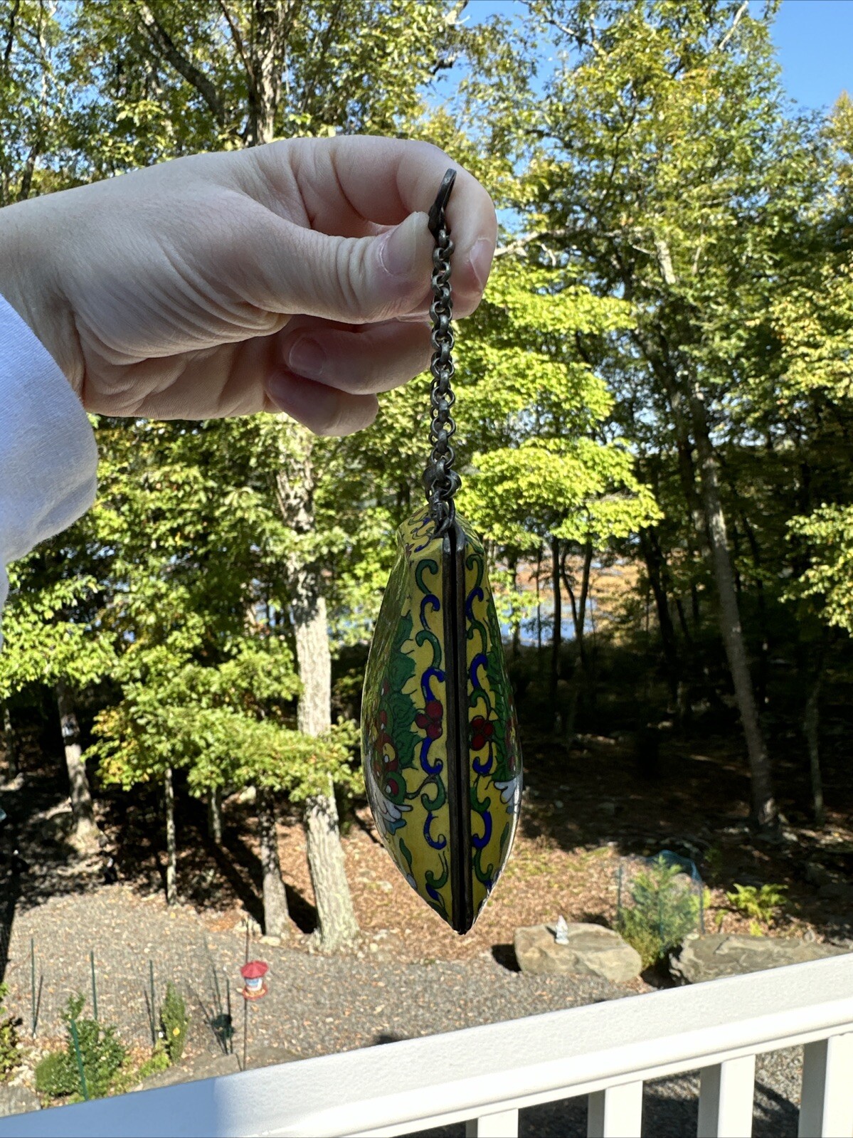 Vintage Chinese Enameled Peacock 3.5” Hinged Coin Purse w/ Chain Strap