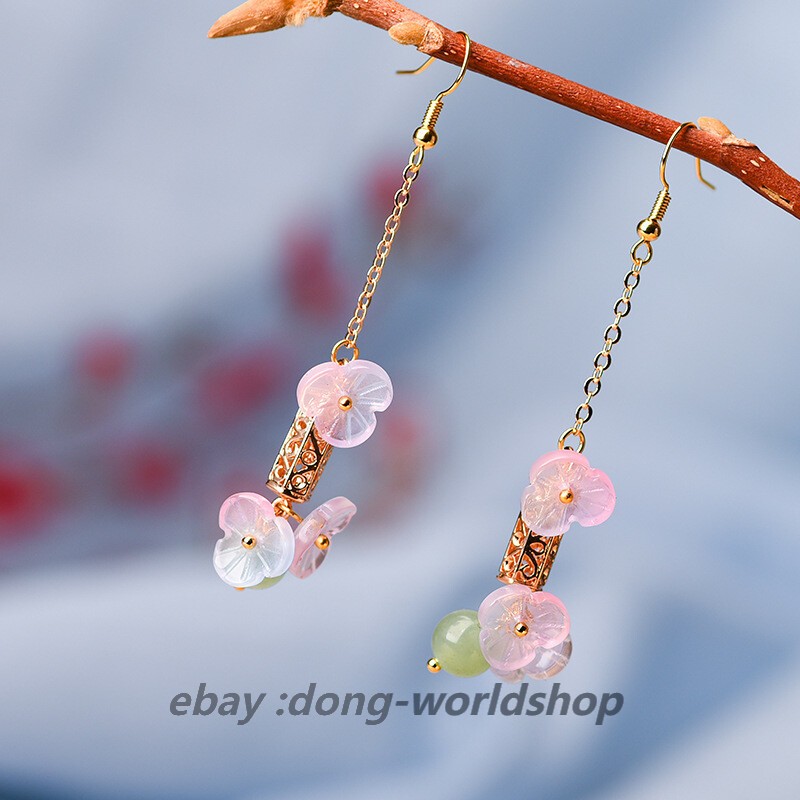 Chinese Dongling Jade/Coloured Glaze Flower Gild Tibetan Style Earbob Earrings