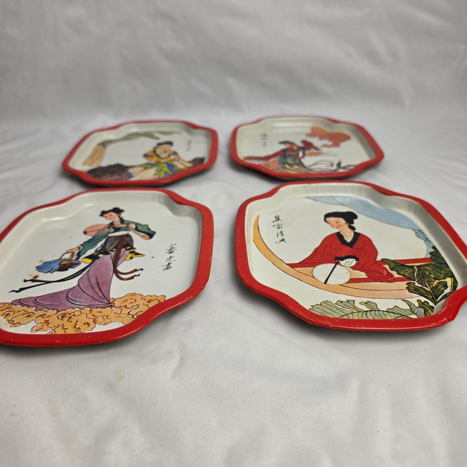 Vintage Asian Theme Tin Tray Set Of 4 Chinese Woman Geisha 1988 Hong Kong Made