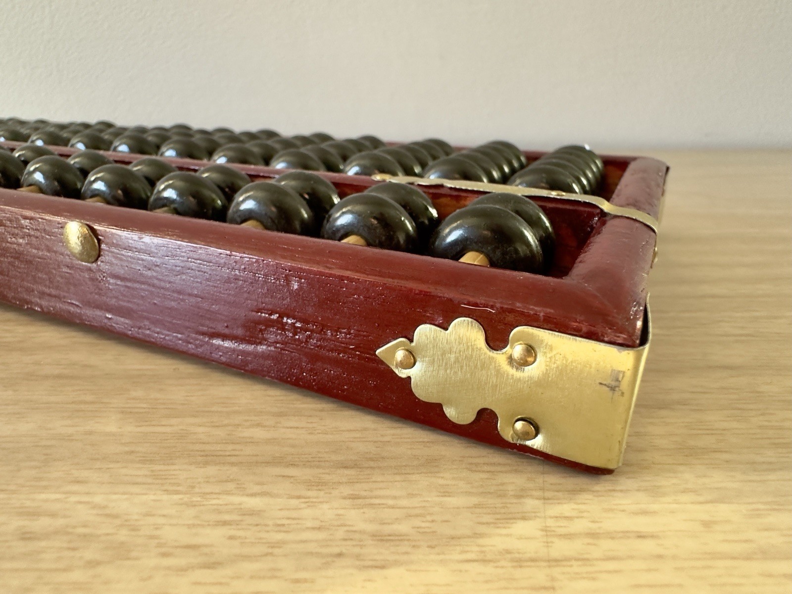 Vintage Wooden Abacus Black Beads Brass Hardware Mid Century MCM Decor 11.5in
