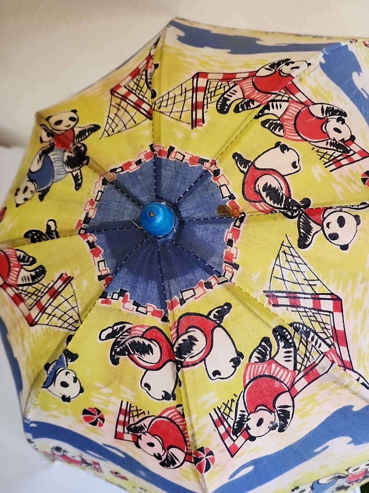 Vintage Chinese Childrens Umbrella Panda Bears Playing Soccer 17″ Long