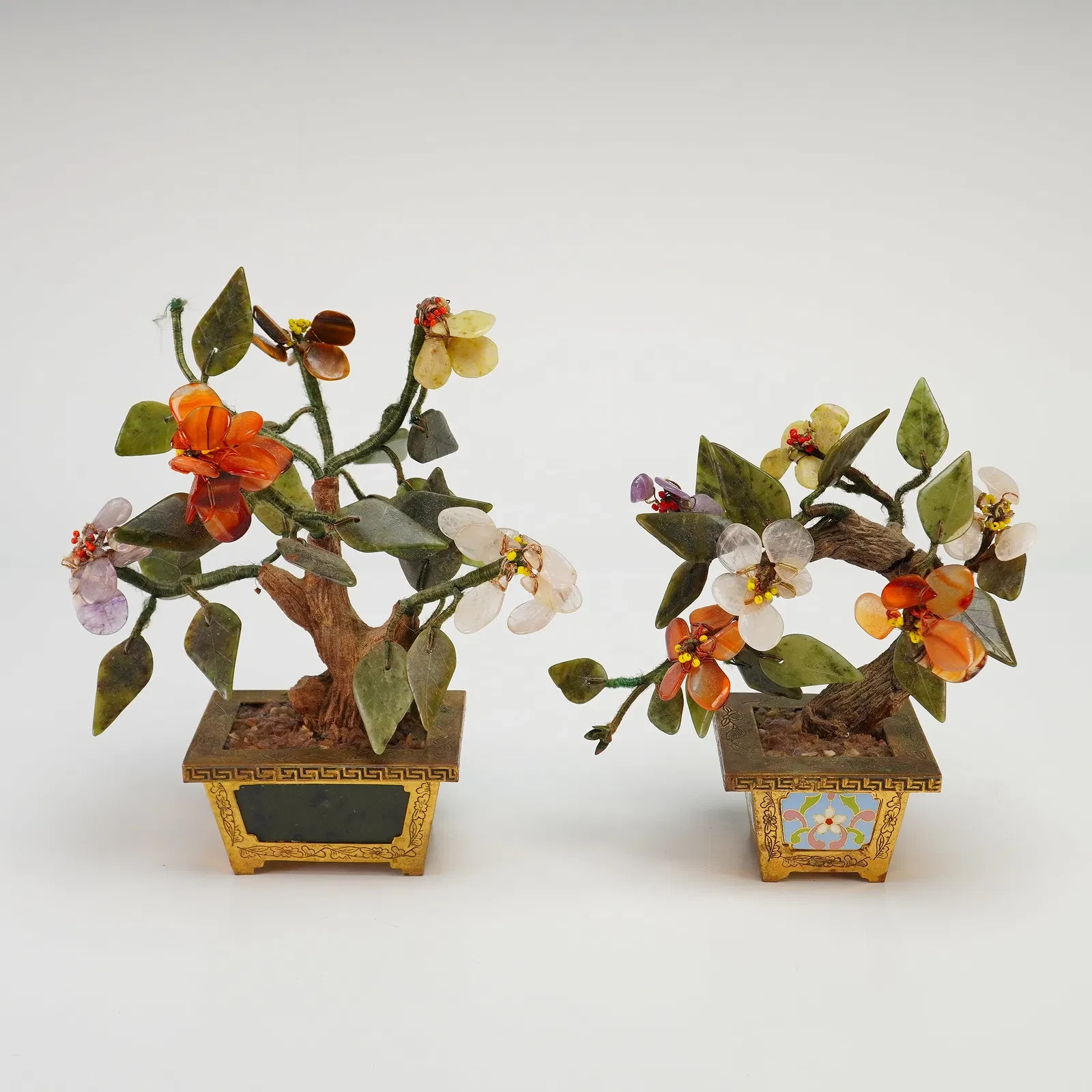 A Pair of Chinese Treasure Tree Hardstone Bonsai in Gilded Metal Planters