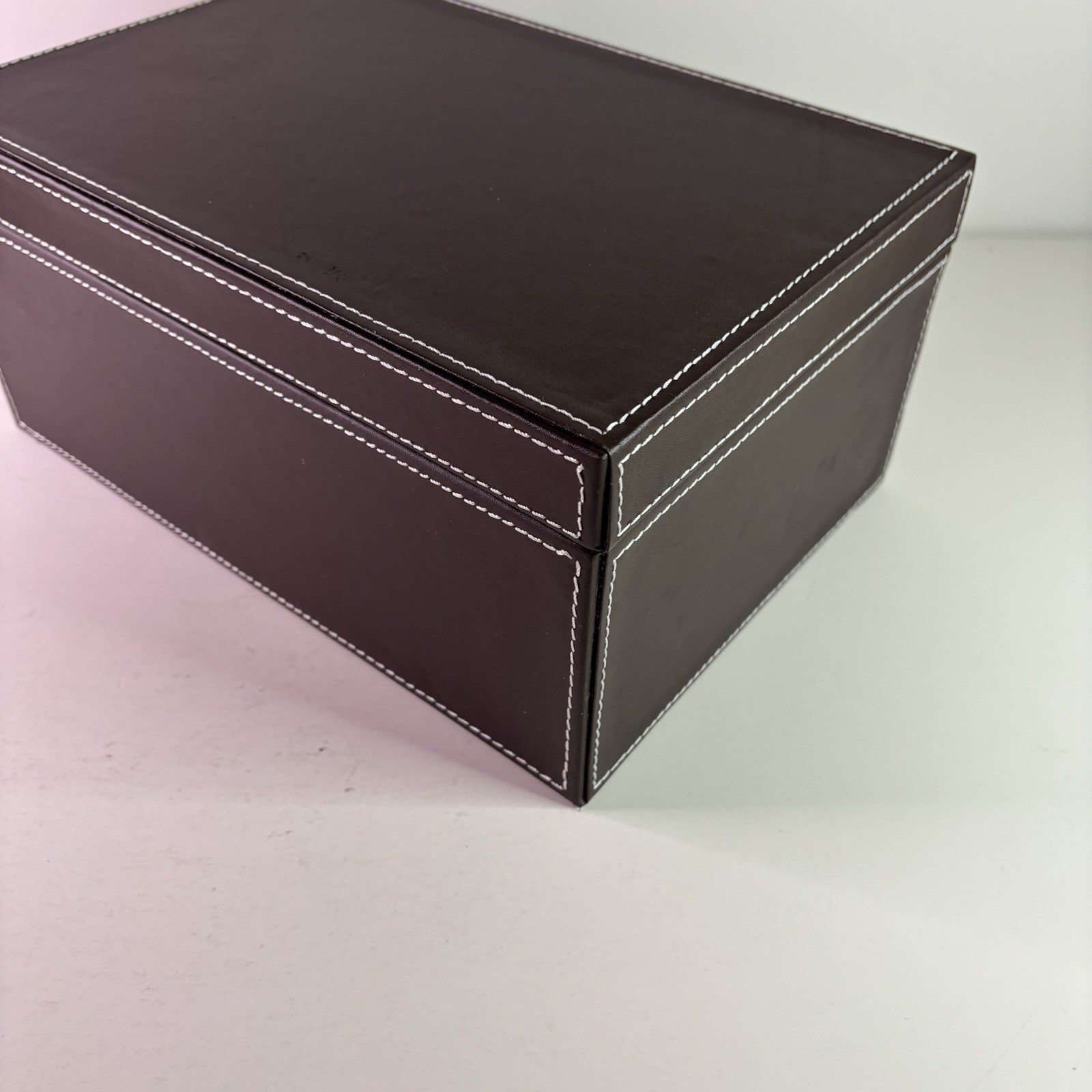 Photo Storage Organizer Box w/ Cases. Faux Brown Leather, Clear Cases with label