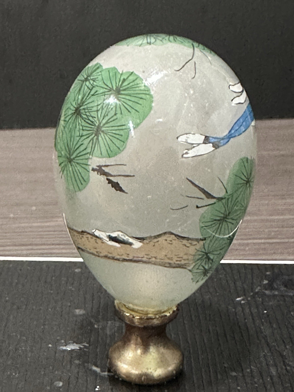 Vintage Chinese Hand Painted inside Out Bird & Flowers Blown Glass Lamp Finial