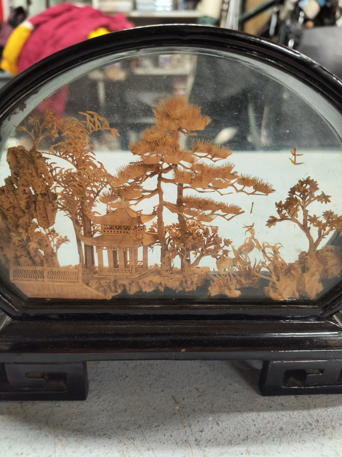 VINTAGE CHINESE SAN YOU DIORAMA CORK CARVING GLASS CASE PAGODA TREES & CRANES.