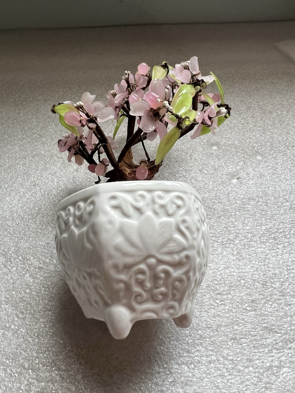 Vintage Jade Glass Bonsai Tree Pink Flowers in Celadon Pot 7.5 x 5”