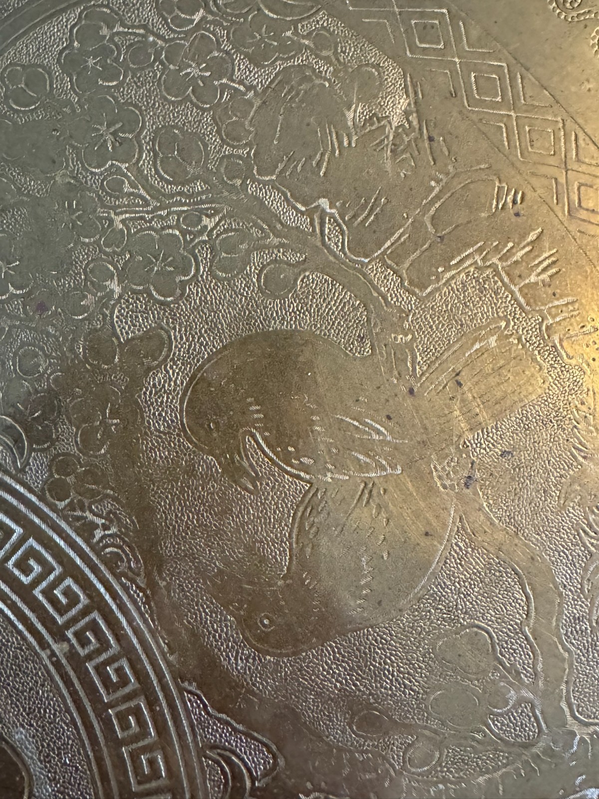 2 Vintage Chinese Heavy Tooled Motif Round Brass Tray 24″ w/ Raised Riveted edge