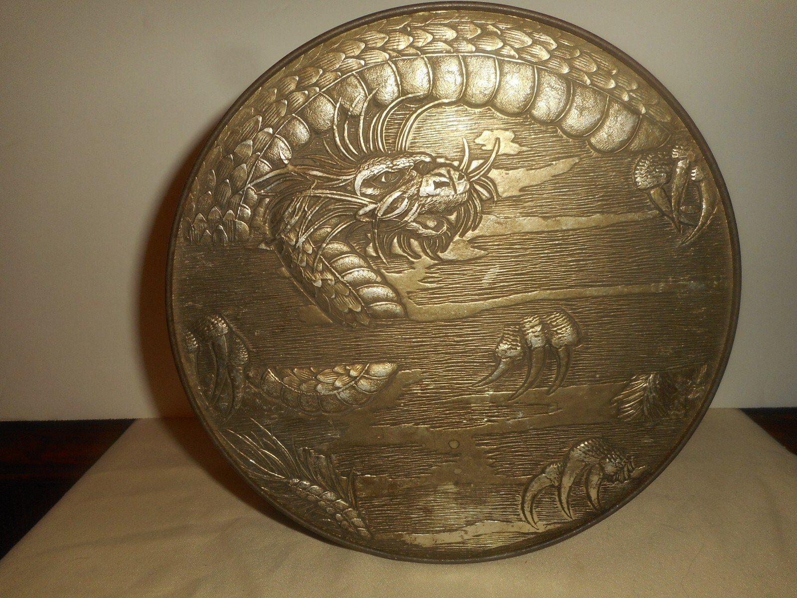 Vintage CHINESE DRAGON Silver Metal Repousse Tin Box Top Cinnabar Style Wrapper