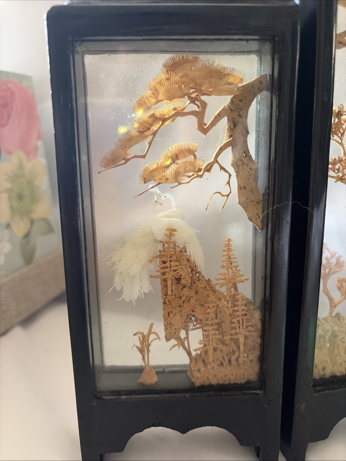 Chinese Carved Cork Nature Scenes 5 Panel Pandas Ducks Cranes Pagodas